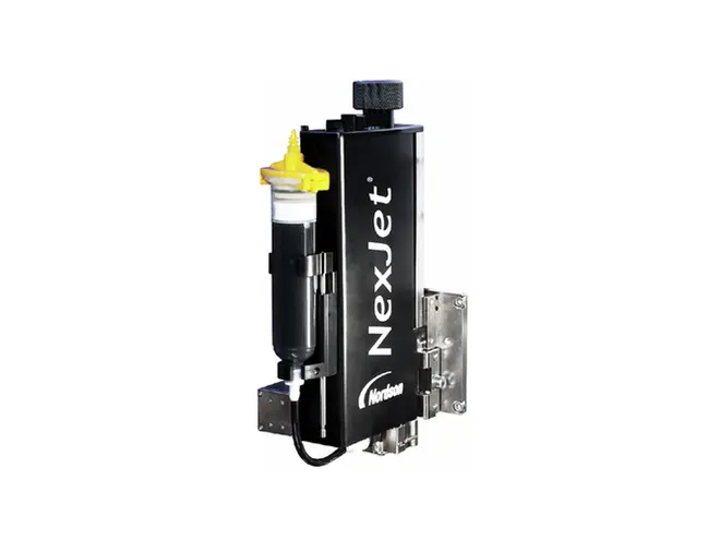 ReadiSet 분사 카트리지가 포함된 ASYMTEK NexJet NJ-8 제트 디스펜싱 시스템.